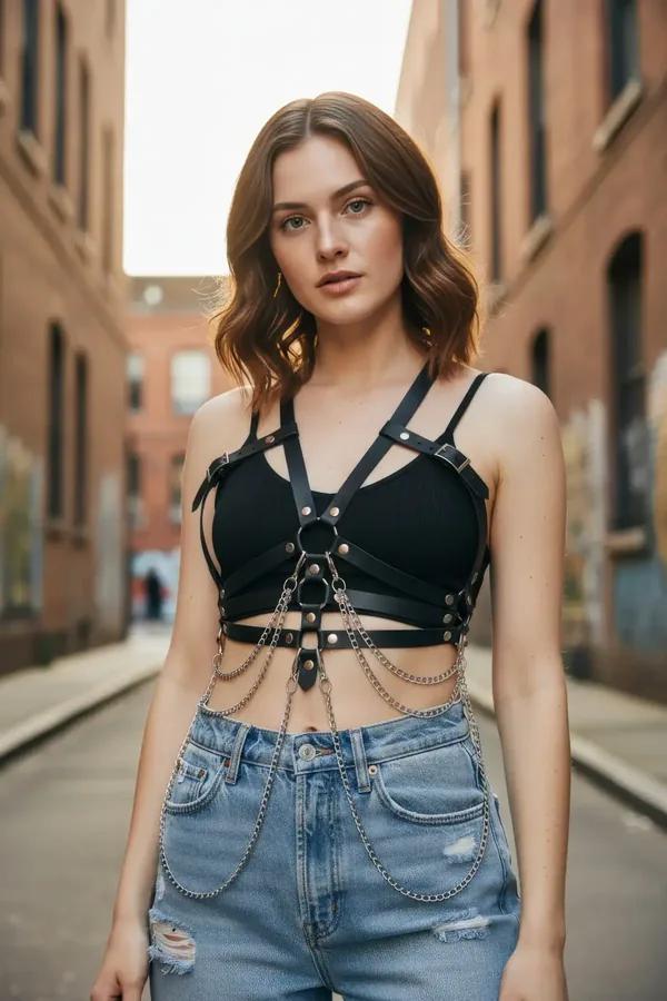 black faux leather body harness with cascading silver chains and central O-ring worn over bare skin