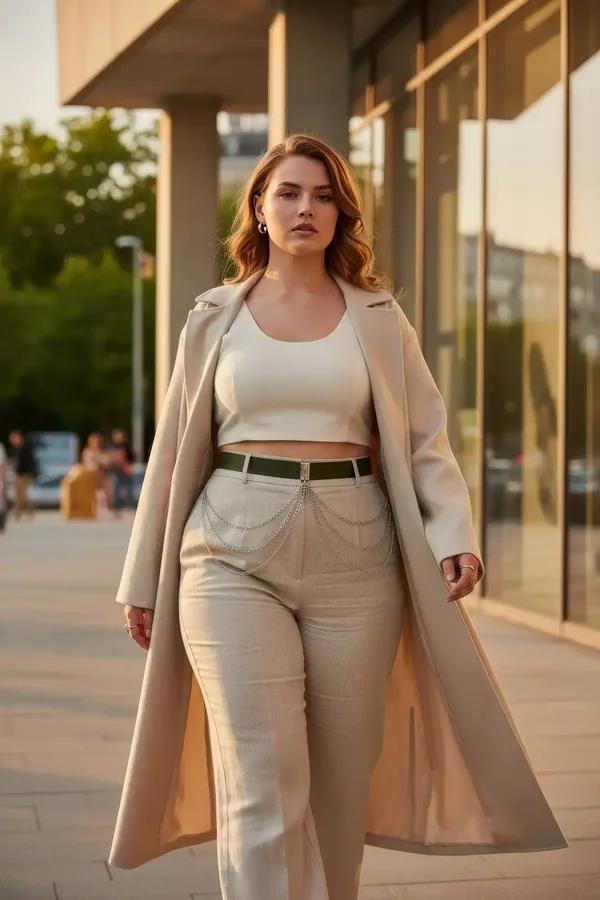 olive green faux leather waist belt with three-tier cascading silver chains worn over cream high-waisted trousers