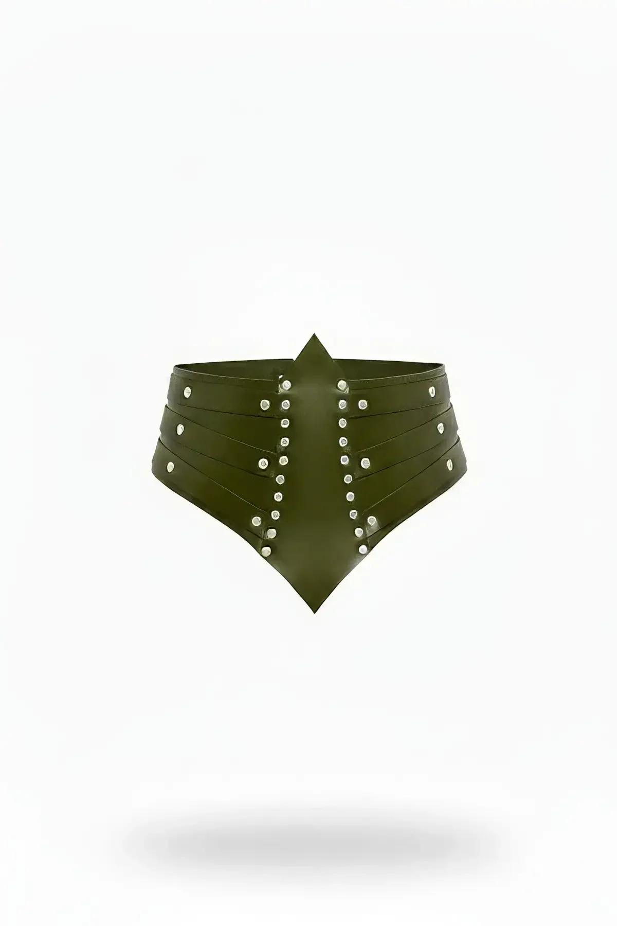 Khaki faux leather corset waist belt with silver dome studs and chevron panel structure, olive green