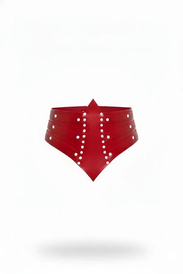 red faux leather wide waspie belt with silver dome studs and pointed lower front panel, four horizontal strap bands
