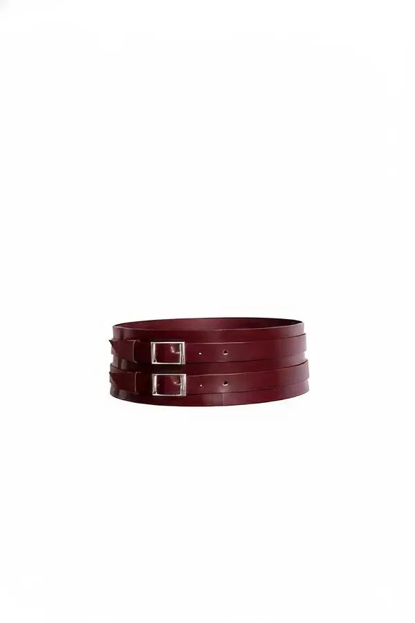 bordo vegan deri geniş bel kemeri çift gümüş tokalı iki katmanlı şerit yaklaşık 8 cm genişlik