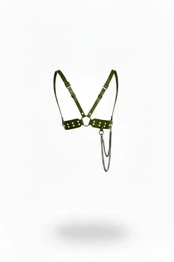 khaki faux leather chest harness with silver studs O-ring and double draped gunmetal chain
