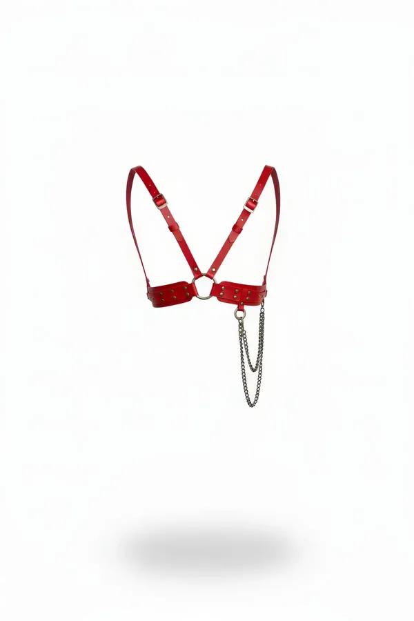 red faux leather chest harness with bronze studs O-ring center and double chain detail