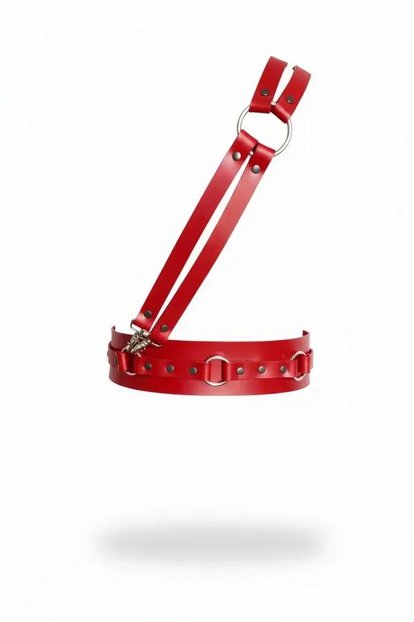 red faux leather chest harness with silver O-ring accents and adjustable underbust band on white background