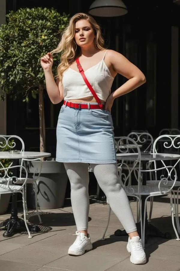 red faux leather body harness with diagonal chest strap and waist belt worn over white crop top