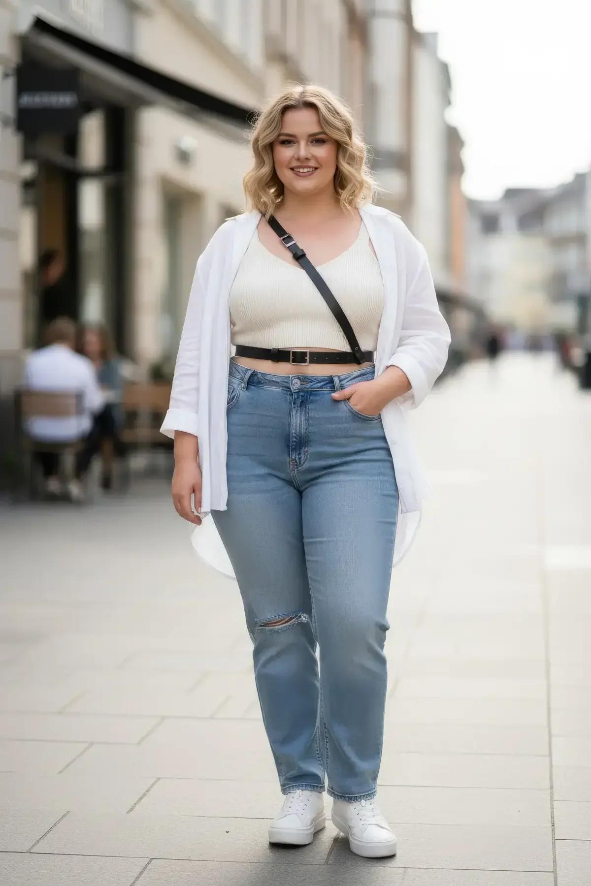 black faux leather diagonal strap body harness with wide cinch belt worn over cream crop top and jeans