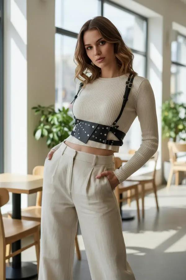 black faux leather studded waist bag harness with silver dome rivets and adjustable suspender straps worn over white lace cro