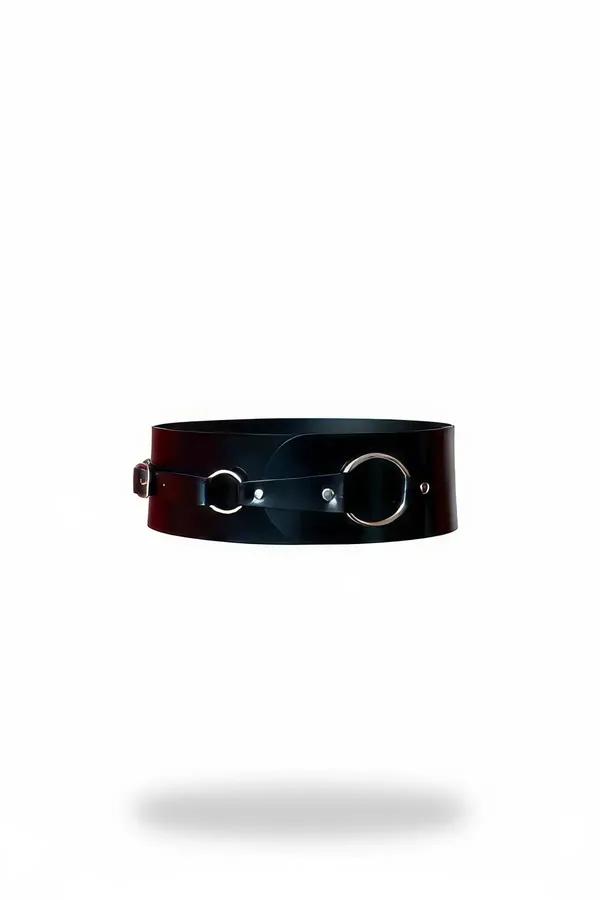 black glossy faux leather wide waist belt with dual silver O-rings and rivet center strap