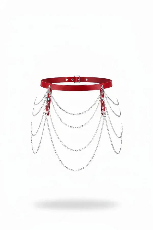 Red faux leather waist harness with five rows of draped silver-tone chains and rectangular buckle closure