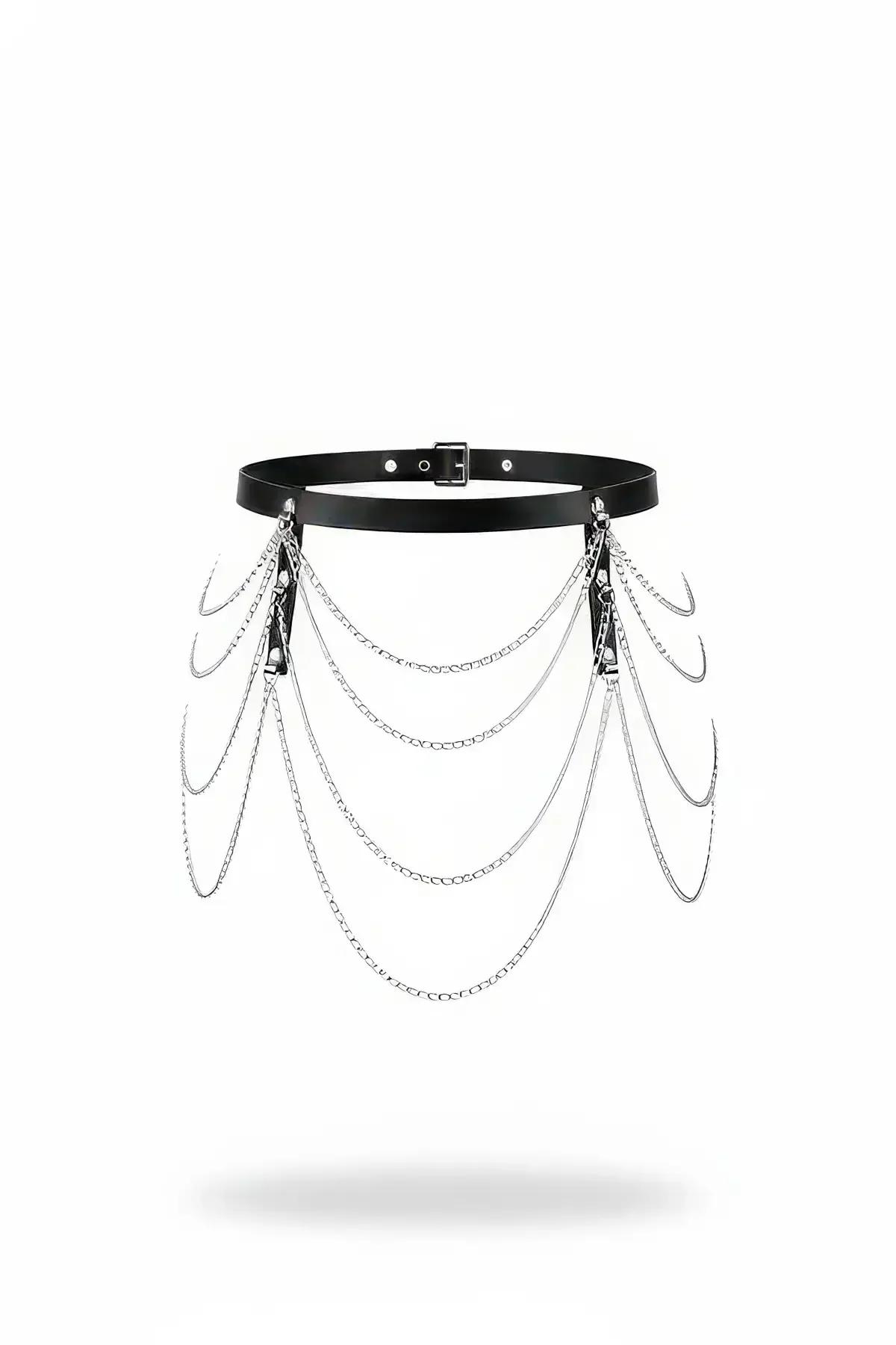 black faux leather waist belt with five cascading draped silver chain rows and silver buckle closure