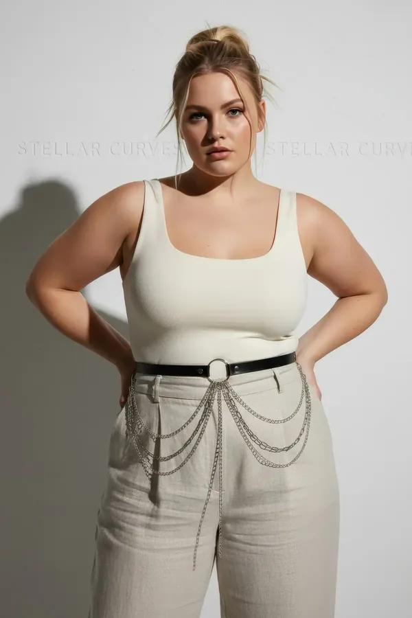 black faux leather O-ring belt with cascading silver chains worn over wide-leg trousers as a waist harness