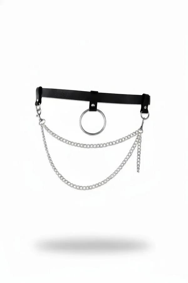 black faux leather O-ring waist belt with two draped silver curb-link chains on white background