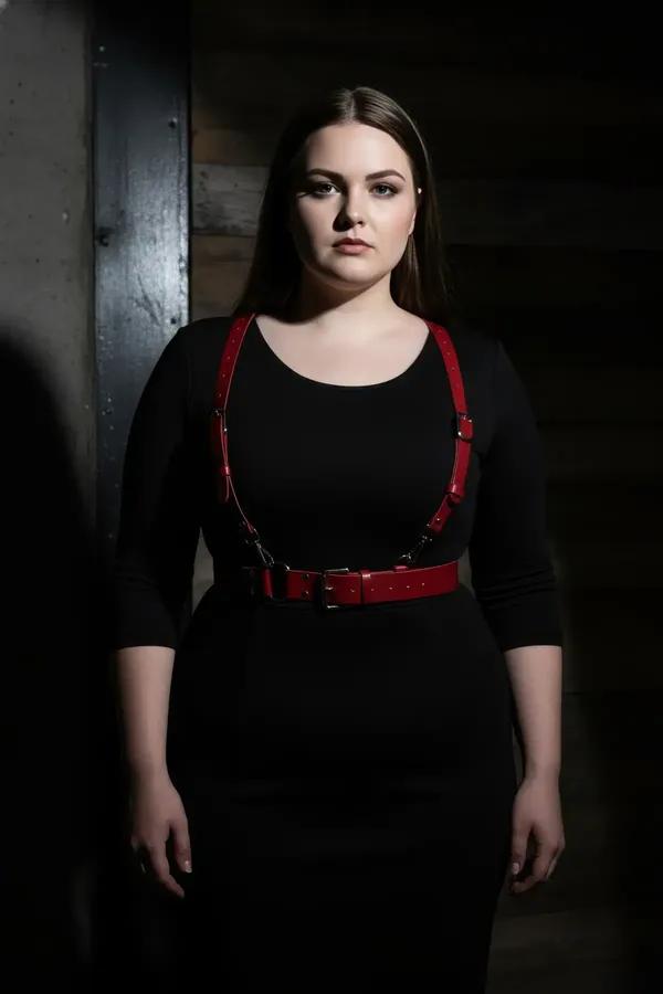 red faux leather suspender waist harness belt with silver D-ring buckles worn over black dress