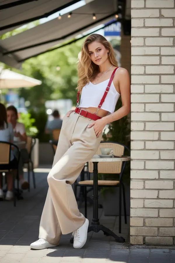 red faux leather over-shoulder harness belt with silver rectangular buckles worn over white tank and wide-leg trousers