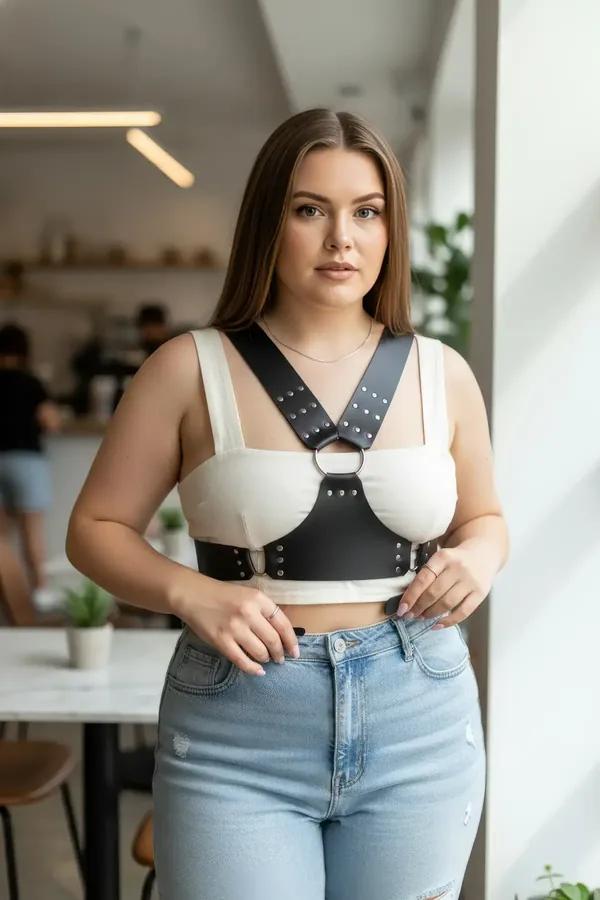 black faux leather chest harness with silver studs and front O-ring worn over cream knit sweater