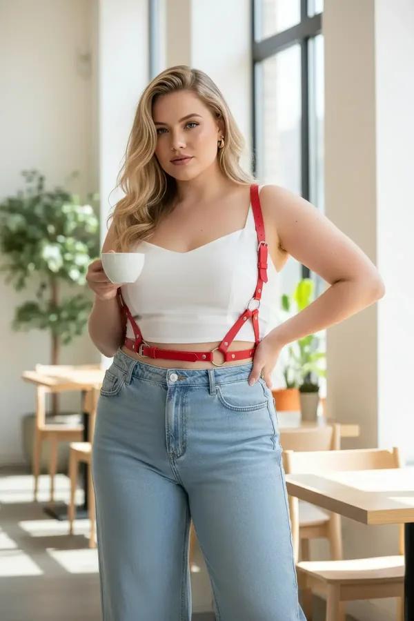 Red faux leather strappy underbust harness with diagonal chest straps and silver O-ring waistband worn over cream knit top