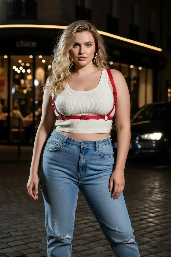 Red faux leather strappy underbust harness with diagonal chest straps and silver O-ring waistband worn over cream knit top