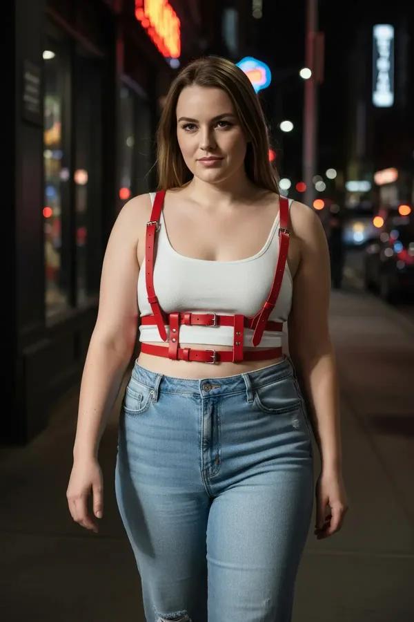 red faux leather caged underbust harness top with silver buckle hardware worn over white crop top