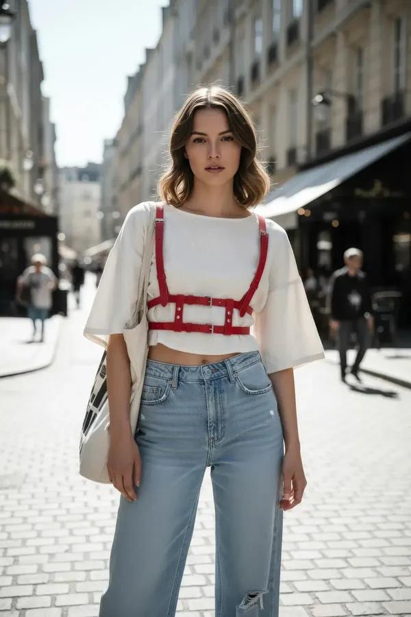 Red faux leather caged chest harness with four silver buckles worn over white tee and jeans