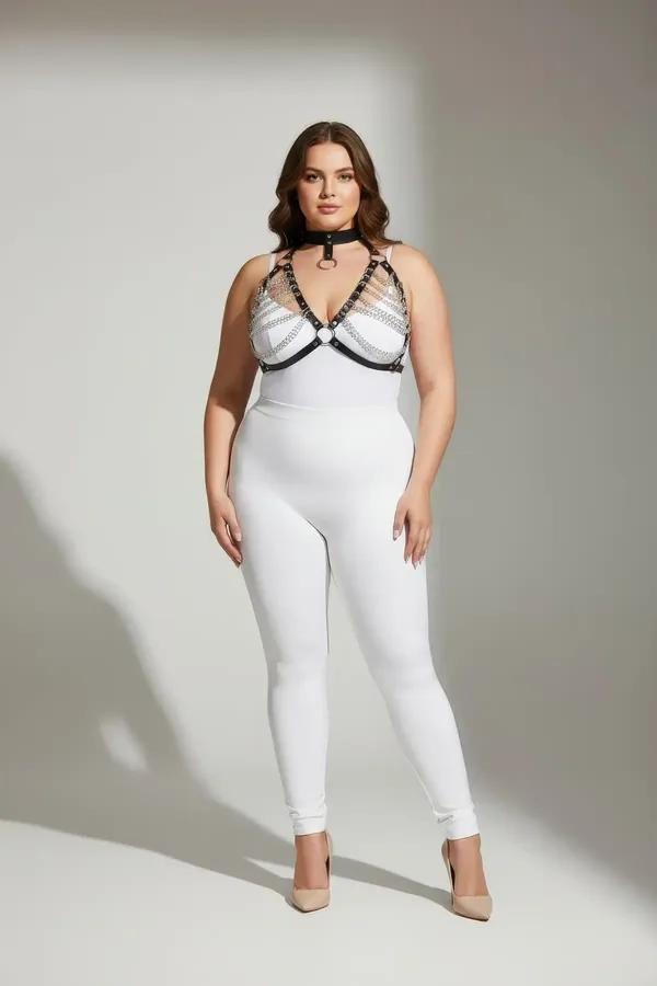 black faux leather chain detail chest harness with silver O-ring and matching choker collar on plus-size model