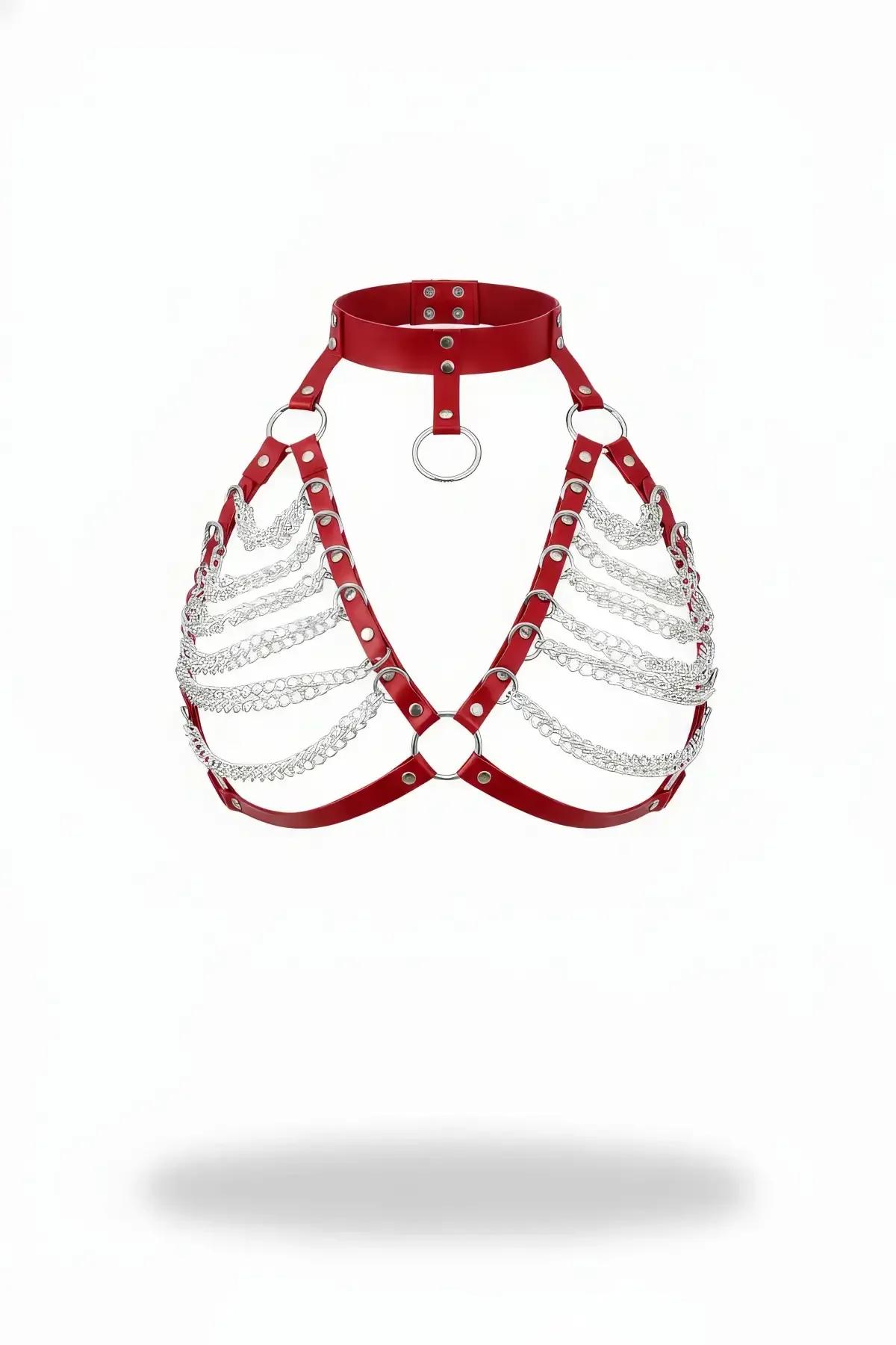 Red faux leather choker chest harness with five-row cascading silver chains and dual O-ring hardware on white background