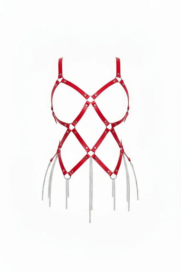 Red strappy body harness with silver chain drip, diamond-grid faux leather strap layout and cascading chain fringe
