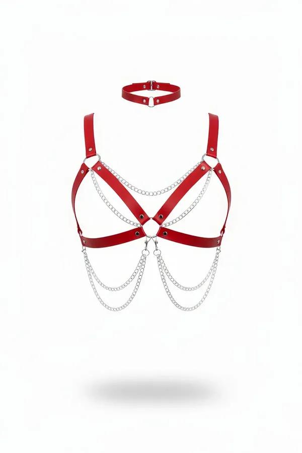 Red faux leather chain harness set with three-tier silver chains and matching choker, front view on white background
