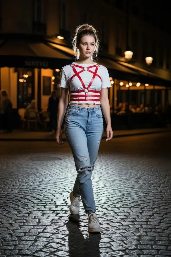 red faux leather caged chest harness with silver O-rings worn over white crop top, geometric star-cross strap design