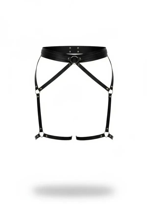 black faux leather o-ring garter harness with wide waistband and dual adjustable thigh strap loops