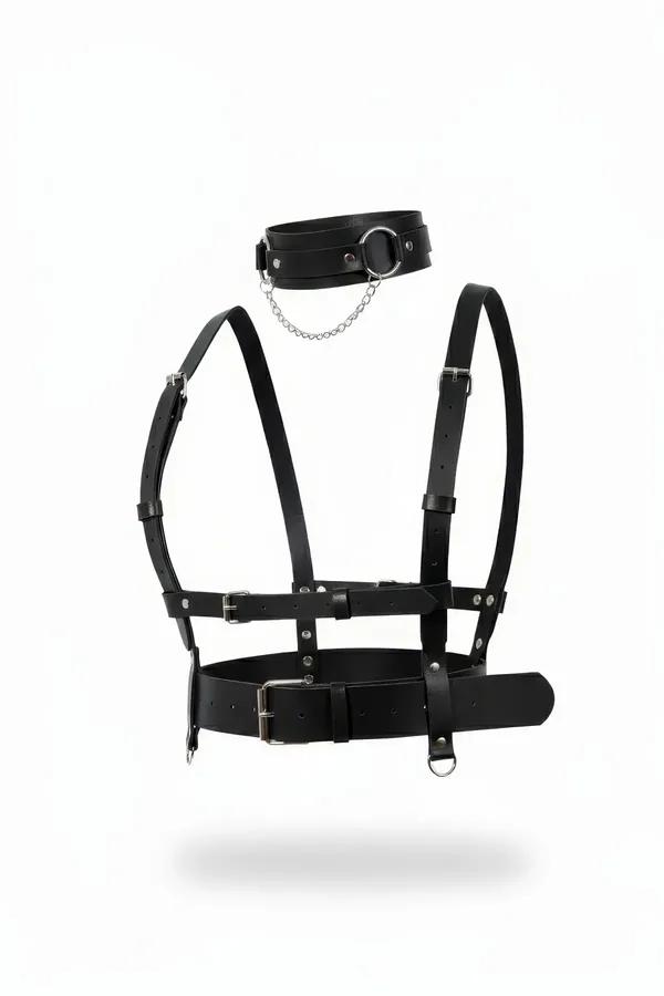 black faux leather body harness with matching choker connected by silver chain, adjustable buckle straps and D-rings