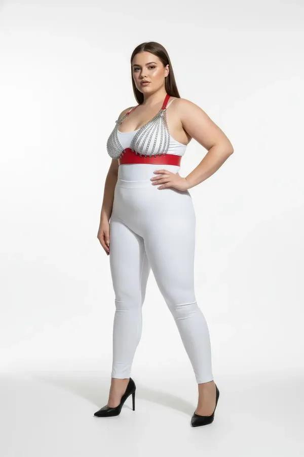 kırmızı vegan deri büyük beden harness takım gümüş zincir detaylı üçgen kupa