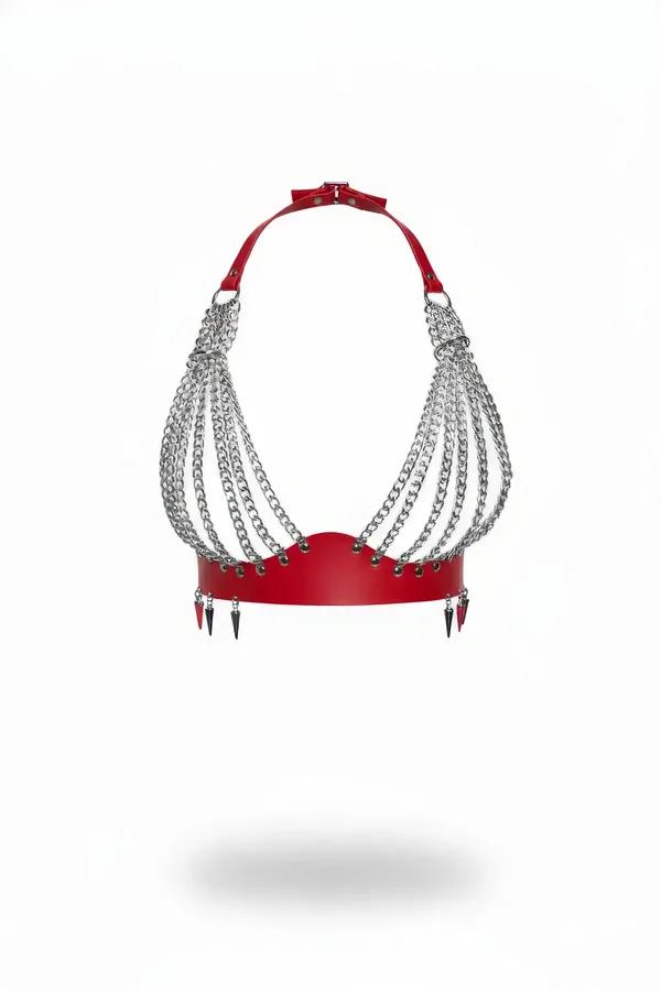 red faux leather chest harness with cascading silver chains and spike stud drops on underbust band