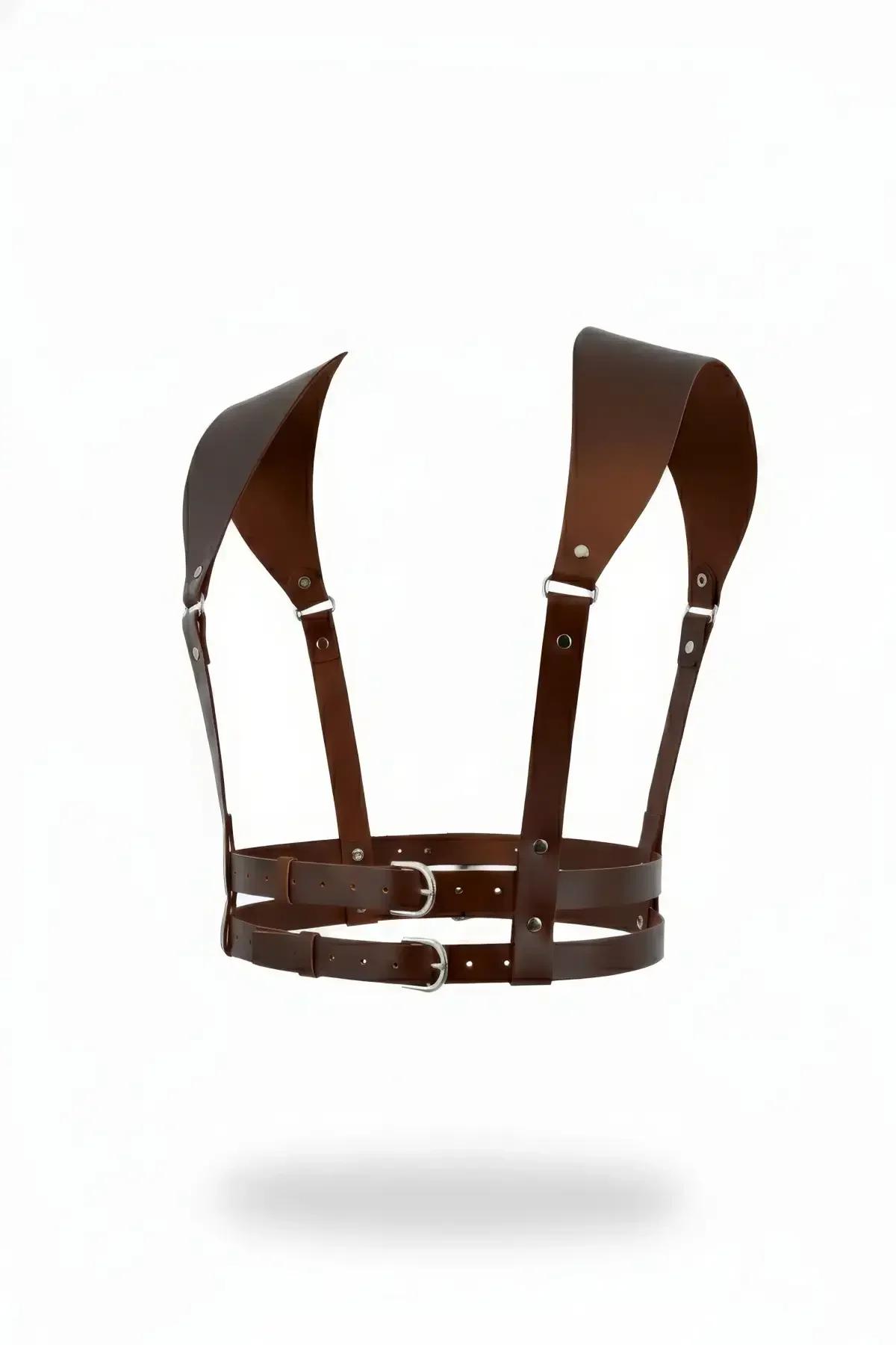 brown faux leather wide shoulder chest harness with double silver buckle and parallel waist bands front view