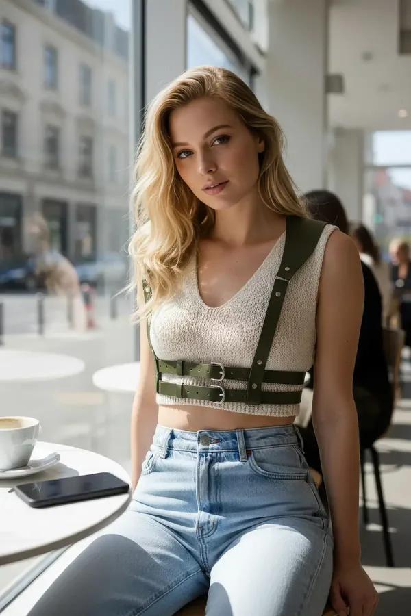 olive faux leather chest harness with double silver waist buckles and wide shoulder straps worn over white crop top