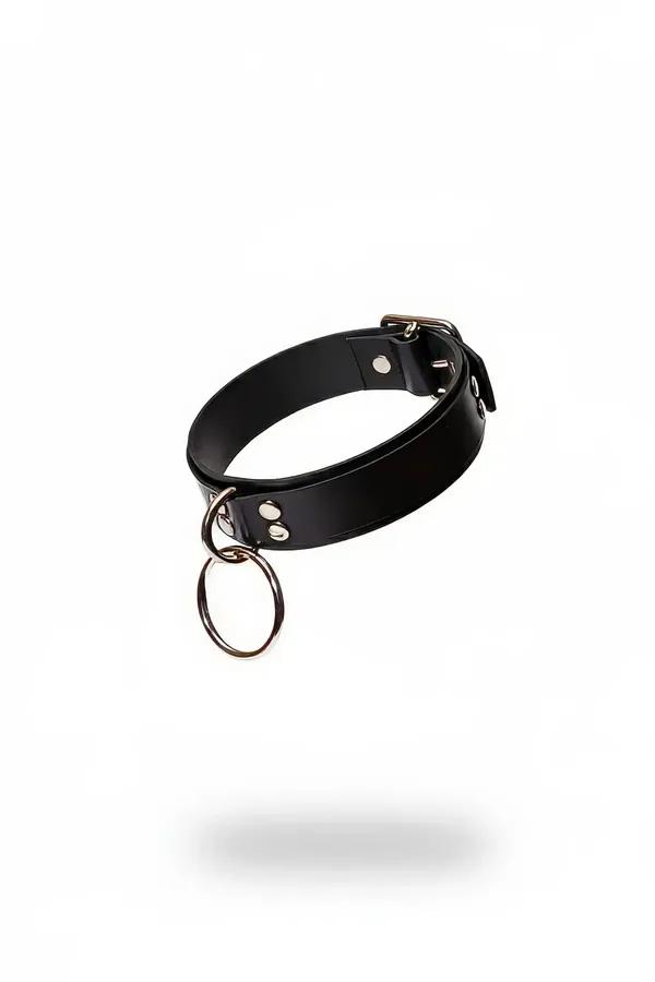 black faux leather choker with oversized silver O-ring pendant and buckle closure front view