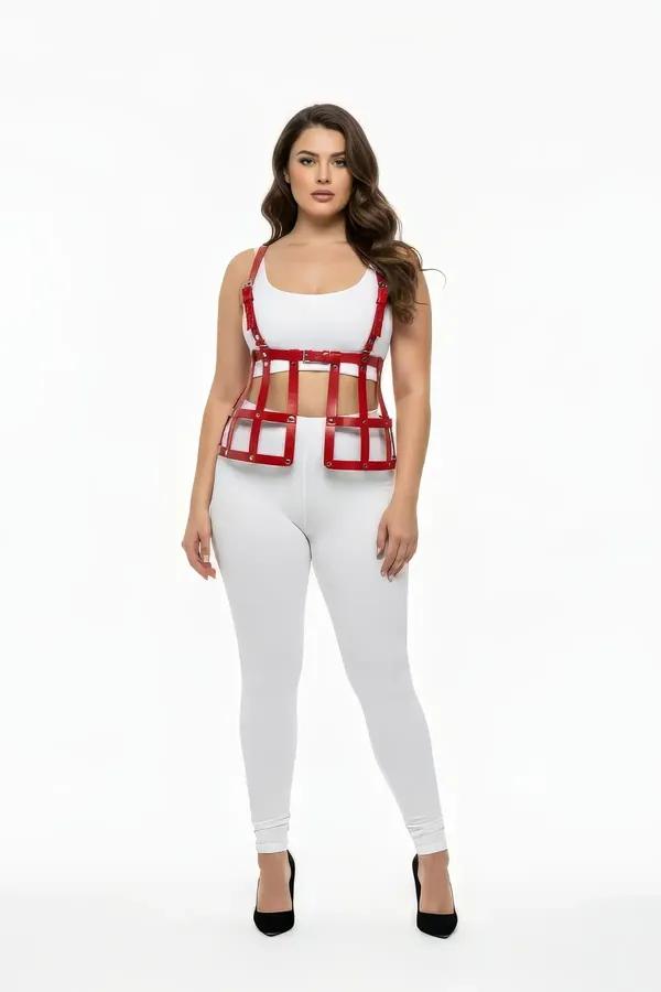 red vegan leather caged underbust harness vest top with rectangular grid panels and gold-tone rivet hardware