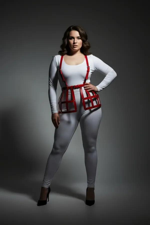 red vegan leather caged underbust harness vest top with rectangular grid panels and gold-tone rivet hardware