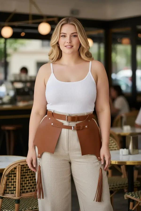 büyük beden taba vegan deri korse harness çift tokalı kemer gümüş halka püskül detaylı yan panel
