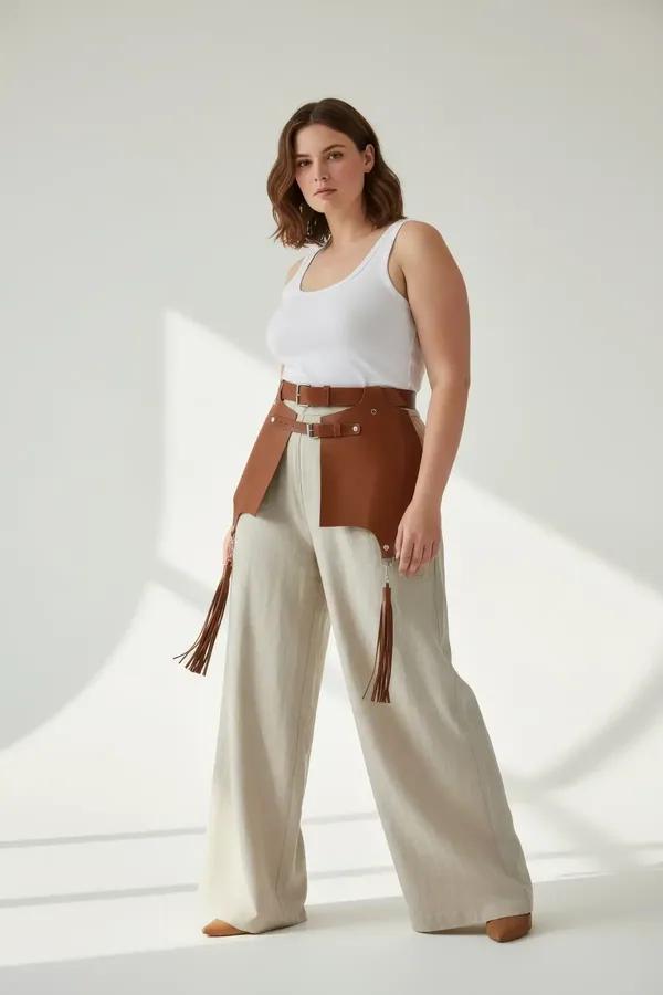 Tan faux leather waist harness with wide hip panels, dual silver buckle straps, and dangling tassels worn over white tank top