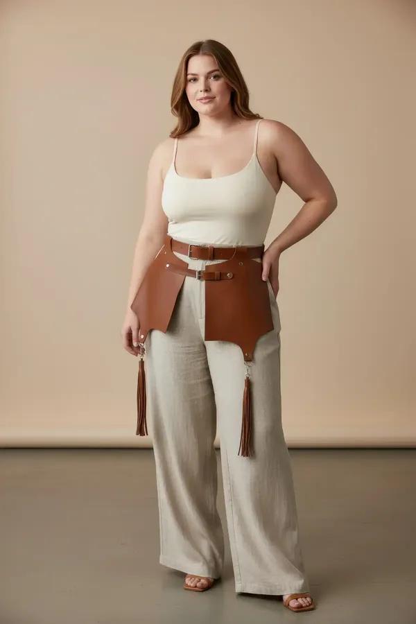 Tan faux leather waist harness with wide hip panels, dual silver buckle straps, and dangling tassels worn over white tank top