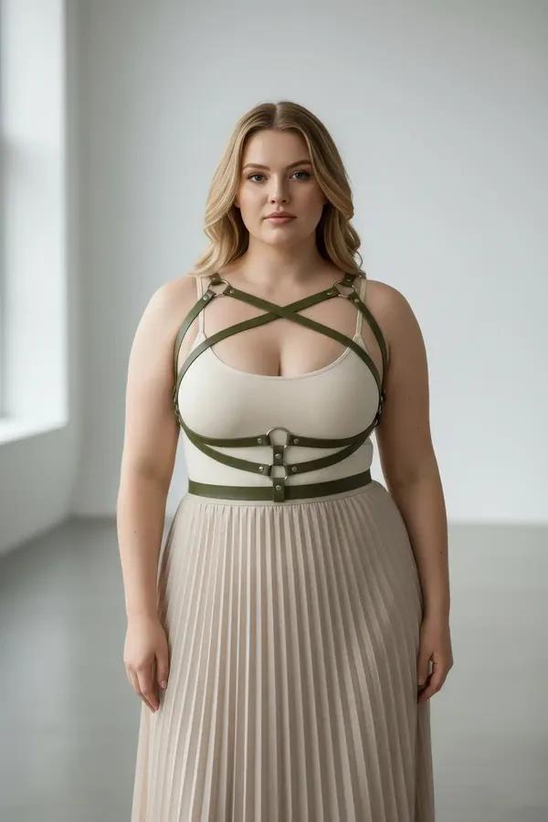 Olive green faux leather criss-cross chest and waist harness with gold O-ring worn over cream top