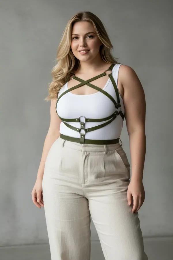 Olive green faux leather criss-cross chest and waist harness with gold O-ring worn over cream top