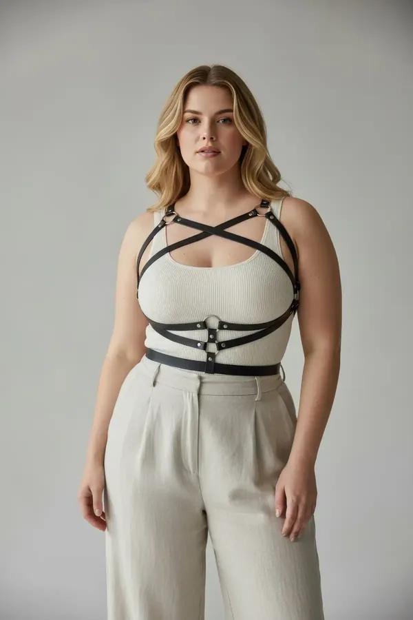 black faux leather crisscross body harness with silver stud hardware and adjustable waist band worn over cream tank top
