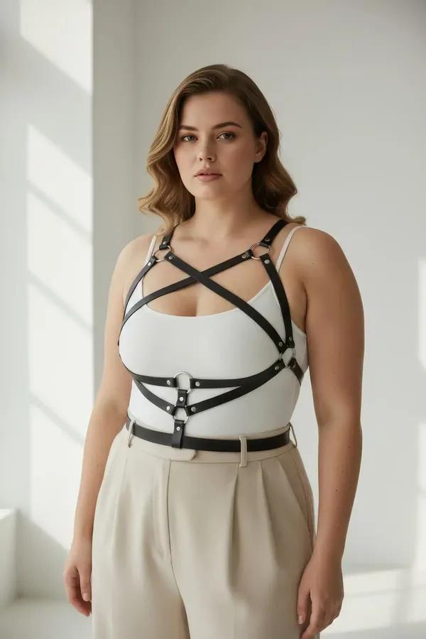 black faux leather crisscross body harness with silver stud hardware and adjustable waist band worn over cream tank top