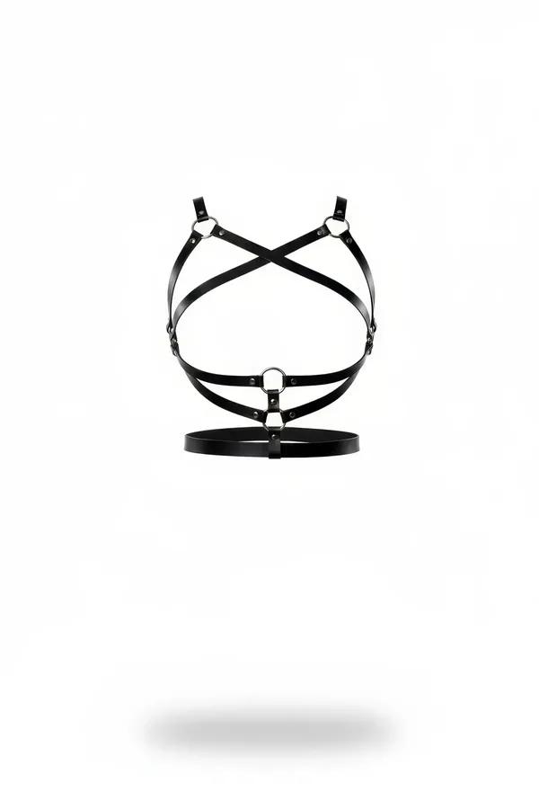 black faux leather criss-cross chest harness with X-strap front, silver O-ring center connector, and wide waist belt