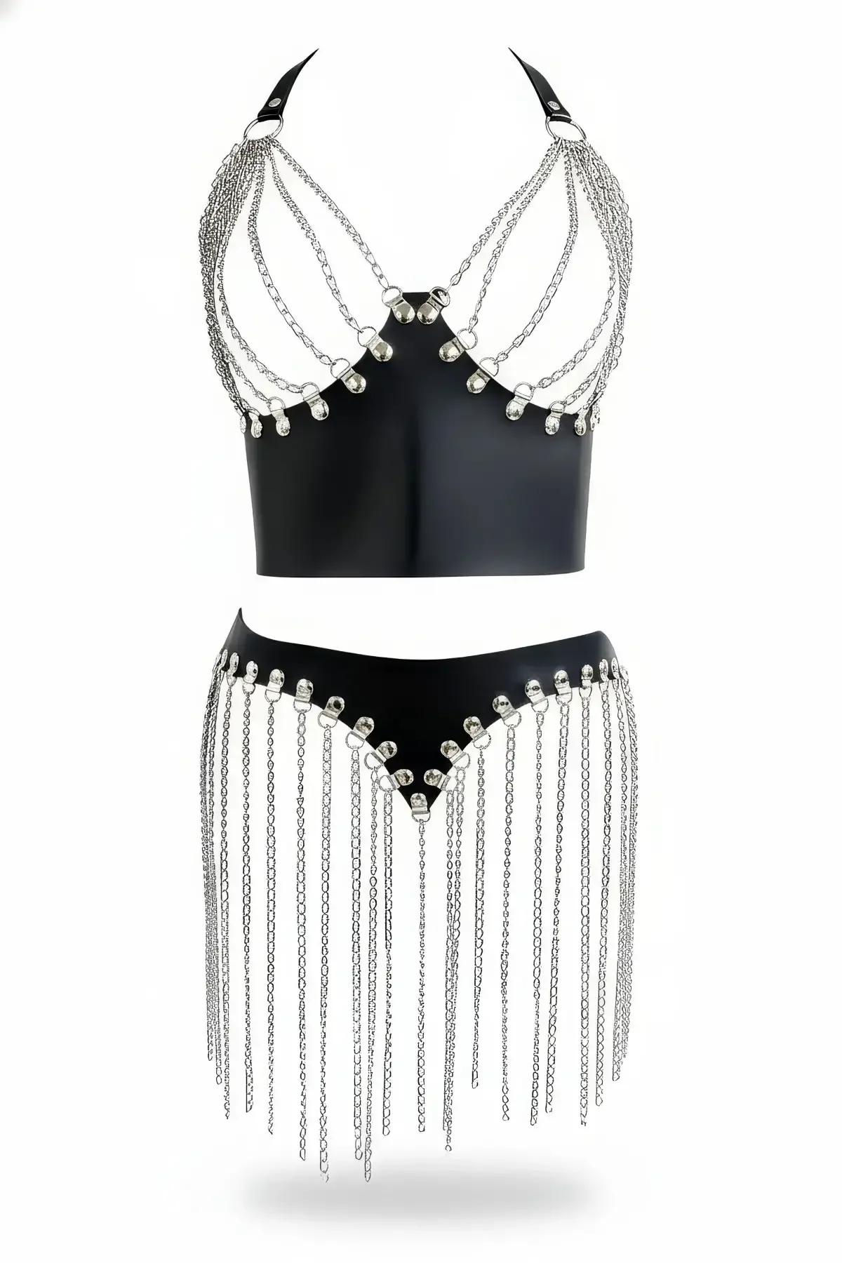 black faux leather halter harness crop top and chain fringe mini skirt set with silver O-ring studs and cascading chains