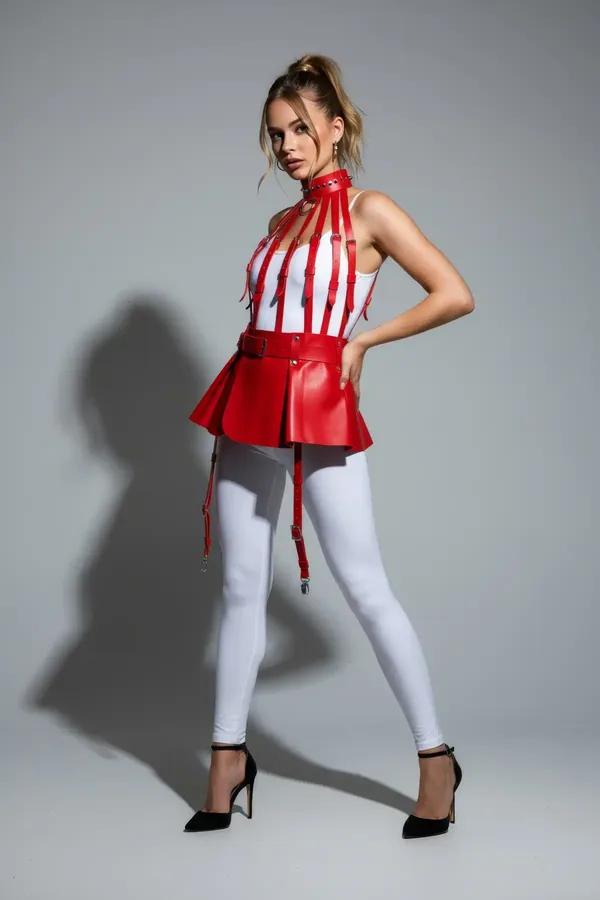 red faux leather cage harness with flared peplum skirt and four garter straps, silver O-ring hardware, high halter collar