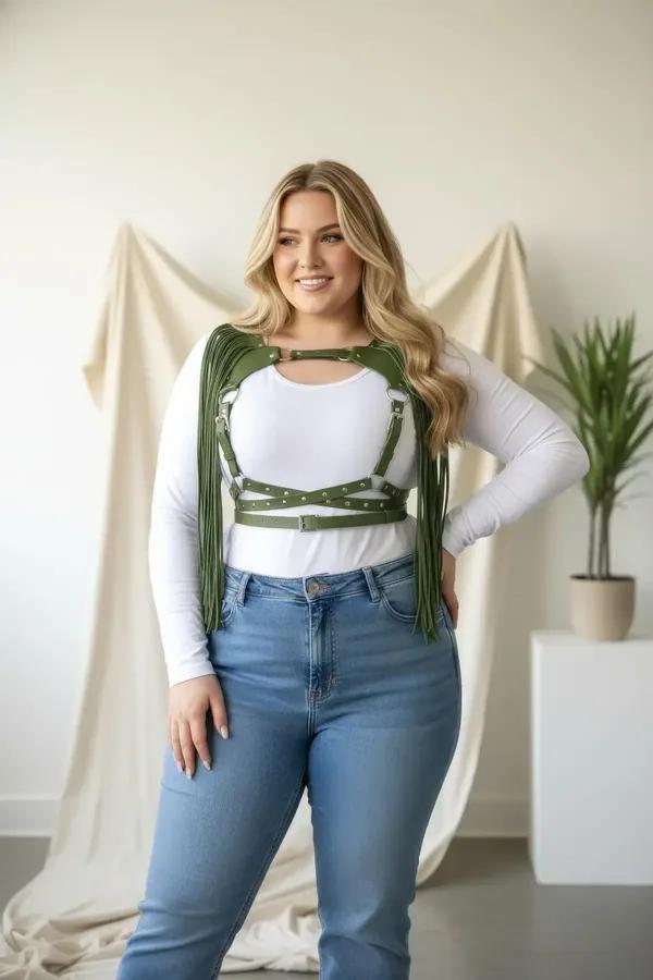 olive green fringed chest harness studded vegan leather straps silver buckles plus size model