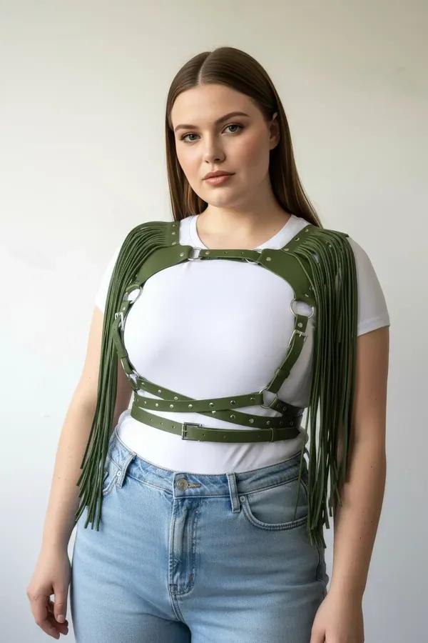 olive green fringed chest harness studded vegan leather straps silver buckles plus size model