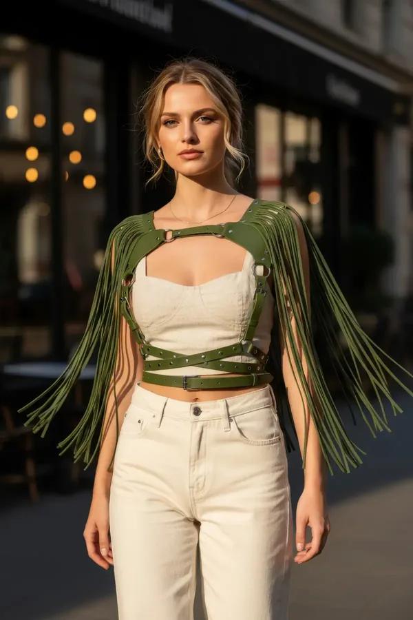olive green faux leather fringe chest harness with silver studs and cascading shoulder fringe worn over white lace bralette